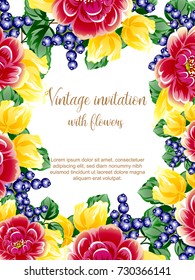 Vintage delicate invitation with flowers for wedding, marriage, bridal, birthday, Valentine's day. 
