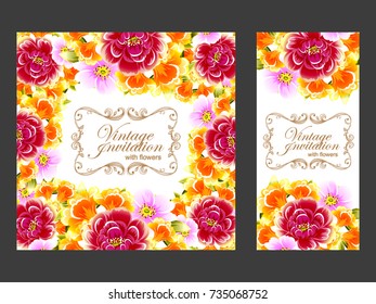 Vintage delicate invitation with flowers for wedding, marriage, bridal, birthday, Valentine's day.