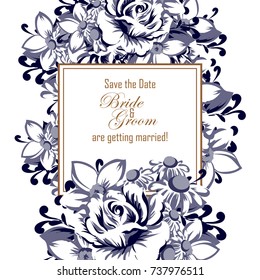 Vintage delicate invitation with flowers for wedding, marriage, bridal, birthday, Valentine's day.