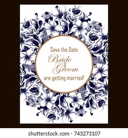 Vintage delicate invitation with flowers for wedding, marriage, bridal, birthday, Valentine's day. 