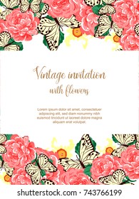 Vintage delicate invitation with flowers for wedding, marriage, bridal, birthday, Valentine's day.