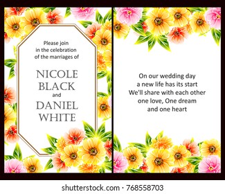 Vintage delicate invitation with flowers for wedding, marriage, bridal, birthday, Valentine's day. Romantic vector illustration.
