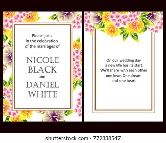 Vintage delicate invitation with flowers for wedding, marriage, bridal, birthday, Valentine's day. 