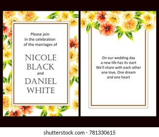 Vintage delicate invitation with flowers for wedding, marriage, bridal, birthday, Valentine's day. Romantic vector illustration.