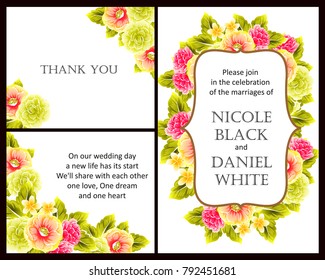 Vintage delicate invitation with flowers for wedding, marriage, bridal, birthday, Valentine's day.