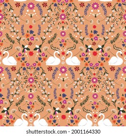 Vintage delicate small flower with white swan and bumblebee fantasy seamless pattern vector design,Design for fashion , fabric, textile, wallpaper, cover, web , wrapping and all prints on retro orange