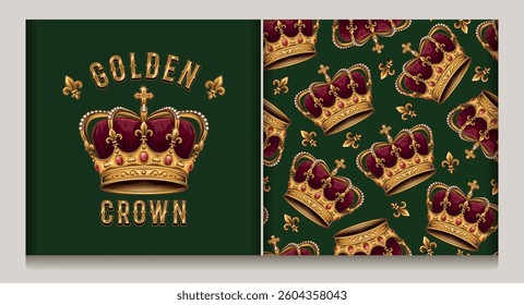 Vintage deluxe label, seamless pattern with imperial golden crown, fleur de lis sign. Detailed illustrations on dark green background. Kitsch style.