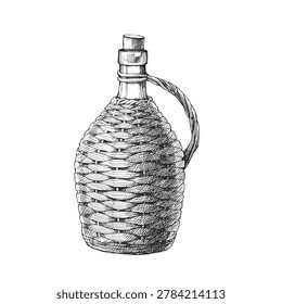Vintage Demijohn Bottle Vector Hand Drawn Ink Illustration Wicker Basket Woven Carboy Wine Jug Sketch