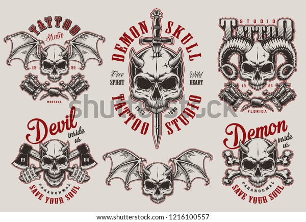 Vintage Demon Tattoo Studio Prints Set Stock Vector Royalty Free