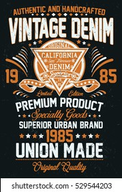 Vintage denim, california authentic denim, handcrafted typography t-shirt graphics, vectors