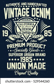 Vintage denim, california authentic denim handcrafted typography, t-shirt graphics, vectors