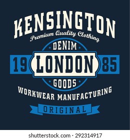 Vintage denim London typography, t-shirt graphics, vectors