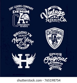 Vintage Denim print apparel set.Old school vector graphic for fashion and printing.New York, California,Brooklyn.Original badge,tee print.Vintage apparel.Retro artwork and typography.Big vector set.