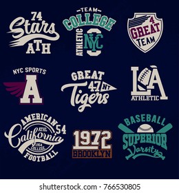 Vintage Denim print apparel set.Old school vector graphic for fashion and printing.New York, California,Brooklyn.Original badge,tee print.Vintage apparel.Retro artwork and typography.Big vector set.