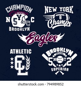 Vintage Denim print apparel set. Old school vector graphic for fashion and printing. New York, California, Brooklyn. Original badge, tee print.