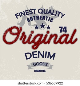 Vintage Denim print for t-shirt or apparel. Old school vector graphic for fashion and printing. Retro artwork and typography.Denim brand logo.