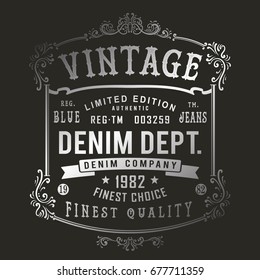 Vintage Denim print for t-shirt or apparel. Retro artwork in black and white for fashion and printing. Old school vector with traditional theme and typography. Vintage effects are easily removable.