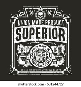 Vintage Denim print for t-shirt or apparel. Retro artwork in black and white for fashion and printing. Old school vector with traditional theme and typography. Vintage effects are easily removable.