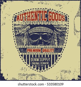 Vintage Denim typography, grunge t-shirt graphics, Artwork apparel stamp, Wear tee print design, goods emblem, vector