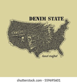 Vintage Denim typography, grunge t-shirt graphics, Artwork apparel stamp, Wear tee print design, goods emblem, vector illustration