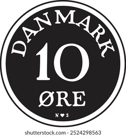 vintage Denmark 10 ore coin vector design handmade silhouette.