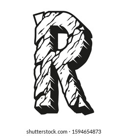 Vintage desert design letter R concept with cracked ground surface in monochrome style isolated vector illustration