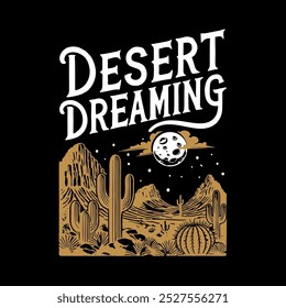 Vintage deserto sonhando T-Shirt Design com paisagem noturna