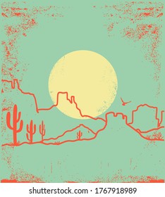 Vintage Desert landscape with Cactuses and Canyon. Arizona desert with yellow sun and cactuses silhouette on antique old paper texture 