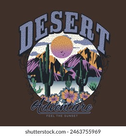 vintage desert outdoor vector print, Desert vibes vector graphic print design for apparel, sticker, poster, background and others. Arizona Mountain Adventure t-shirt artwork design