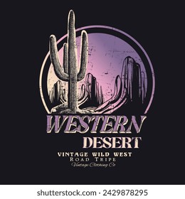 estampado vintage del desierto, diseño de la camiseta de las mujeres para las vibraciones del desierto occidental, tripa salvaje de la carretera oeste, desierto de vaquera del atardecer del verano