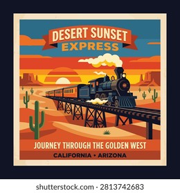 Vintage Desert Sunset Express Train Journey Travel Poster