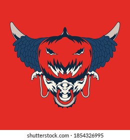 Vintage Design Apparel Head of Bull and Pumpkin of Halloween with many fur combined on isolated vector illustration