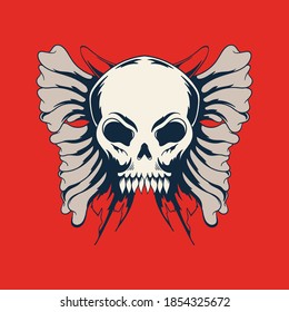 Vintage Design Apparel Skull Head of Butterfly and Bones Character isolated vector illustration