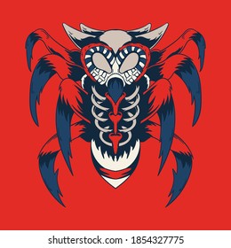 Vintage Design Apparel Spider combined with Owl Head and BreastBones Horned Graphic isolated vector illustration