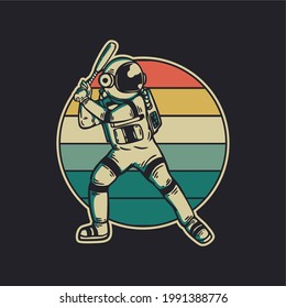 vintage design astronaut playing baseball retro vintage illustration