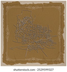 Un marco de fondo de diseño vintage para el mapa de la calle de la orilla oeste de Jericó Palestina, una de las ciudades más antiguas del mundo, patrones de filigrana dorada y textura de papel para darle una sensación de pintura, Imagen de Vector