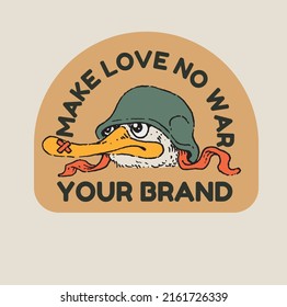 vintage design, badge design, picture of a duck wearing a war helmet. very suitable for merchandise t-shirts, stickers, or others.