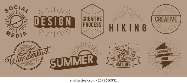 Vintage design badges with themes: social media, design, creative process, hiking, wanderlust, summer, nature. Creative, retro style, summer vibes. Logo element vector set.