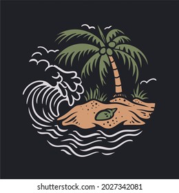 vintage design beach with coconut tree and waves vintage illustration