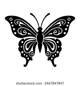 Vintage design Black butterfly silhouette with outline thick view isolated white background