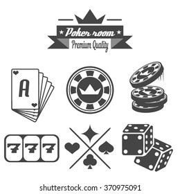 Vintage Design Black Vector Elements For Poker Isolated On White Background. Poker Chips, Casino Dice, Slot Machines, Pasteboard. Vector Illustration.