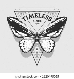 Vintage Design with butterfly and Sacred Geometry. Abstract design idea. Vector art.