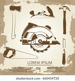 Vintage design of carpentry equipment collection - carpentry tools poster. Carpentry vintage hammer and sawe illustration