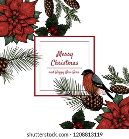 Vintage design for christmas card or invitation. Hand drawn. Vintage style