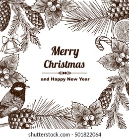 Vintage design for christmas card or invitation. Hand drawn. Vintage style