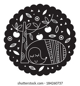 Vintage Design of a cute Hedgehog sitting by the Apple Tree, Black and White Decorative Design