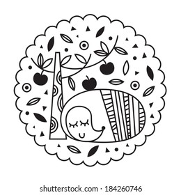 Vintage Design of a cute Hedgehog sitting by the Apple Tree,  Black and White Decorative Design