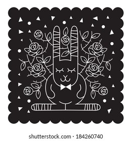 Vintage Design of a cute Rabbit sitting by the Rose Flowers, Black and White Decorative Design