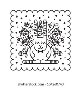 Vintage Design of a cute Rabbit sitting by the Rose Flowers, Black and White Decorative Design