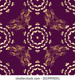 Vintage design element in Eastern style. Golden ornate illustration for wallpaper. Traditional arabic decor on purple, yellow colors. Vector seamless pattern with floral ornament. Lace tracery.